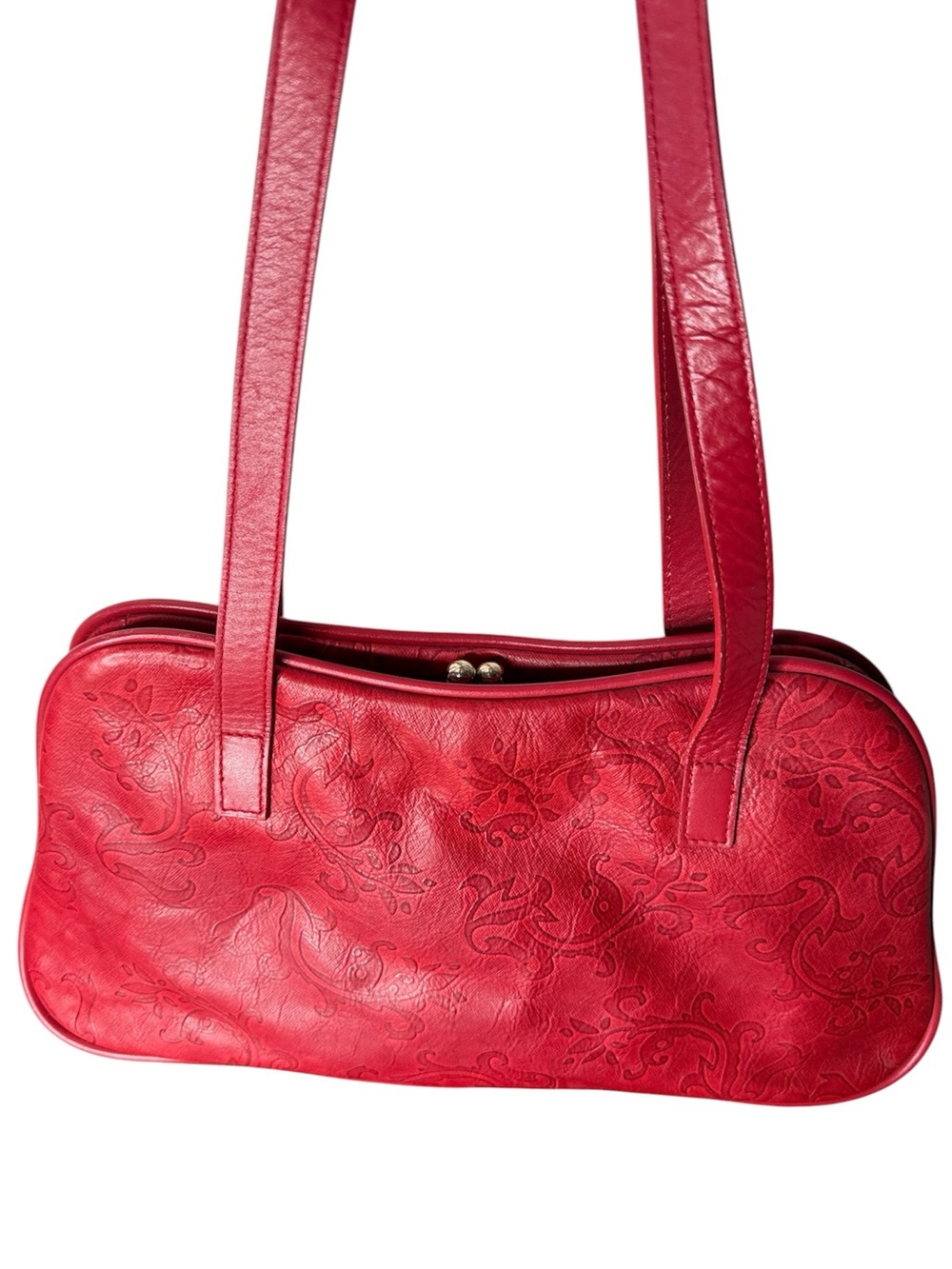 DANIER Vintage Red Leather Kisslock Shoulder Bag Purse Filagree Pattern - Picture 3 of 16